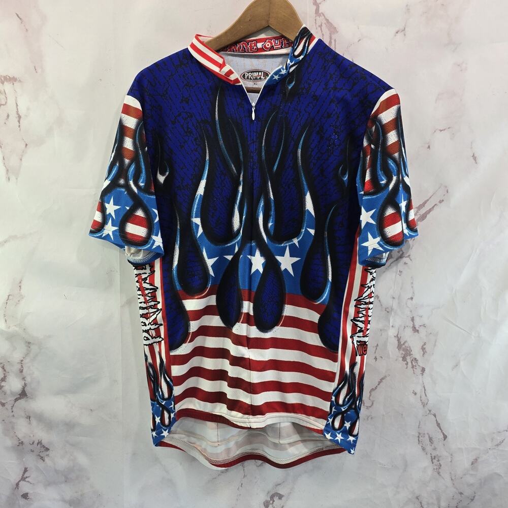Primal Wear Cycling Jersey Mens XL Blue Red Flag Flames Bike Pockets Zip